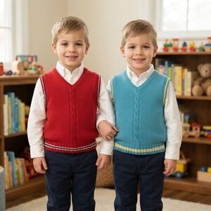 Vintage Plaid Moose Boys Cable Knit Sweater Vest Bundle Red Blue Size M 5-6